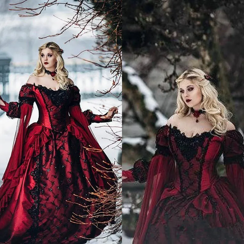 Gothic Sleeping Beauty Princess Medeltida Burgundy Black Wedding Dresses Långärmad Lace Appliques Brudklänningar Victorian Masquerade Party