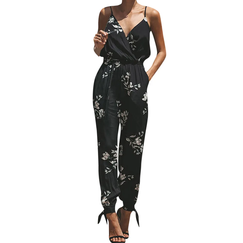 2019 elegante sexy jumpsuits vrouwen rompertjes vrouwen afdrukken kleur casual mouwloze v-hals riem kant jumpsuit los