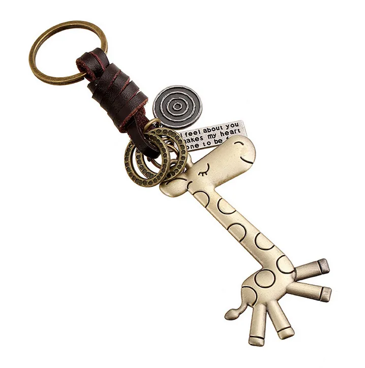 Latest Creative Women Men Gift Leather Alloy Head Layer Cowhide Vintage Weavn Cartoon Giraffe Keychains