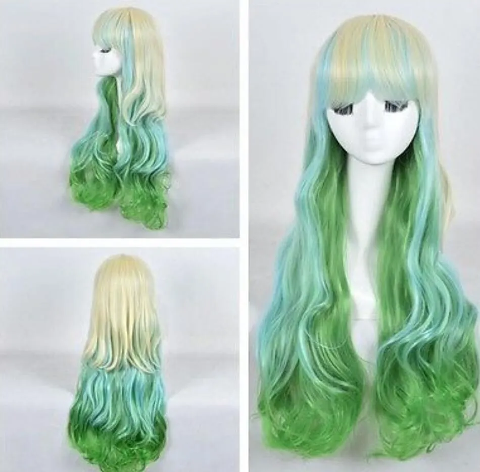 Perruque livraison gratuite chaude Lolita Harajuku dégradé vert blanc 70 cm de long cheveux bouclés COSPLAY Party perruques