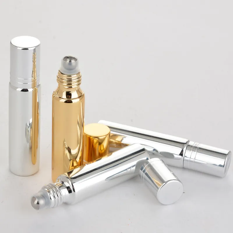 Rollo de 10 ml en botella de vidrio Fragancias de plata y oro negro Botellas de perfume de aceite esencial con bola de rodillo de metal Logotipo personalizable EEA907-1