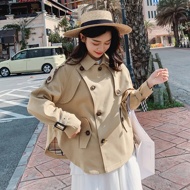 Nieuwe Solid Color Lange Mouwen Korte Trenchcoat Dames Mode Sweet Turn Down Collar Jacket Female College Style Over Coat D38