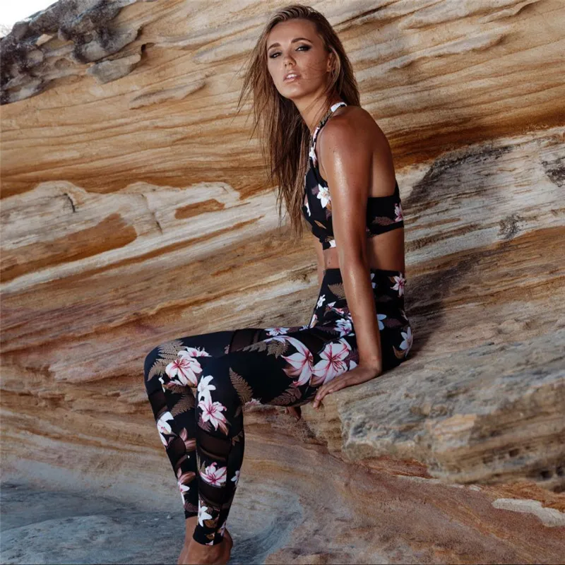 Women 2 Piece Yoga Set Gym Fitness Clothes Floral Print Bra Long Pants Running Tights Jogging Workout Yoga Leggings Sport suit