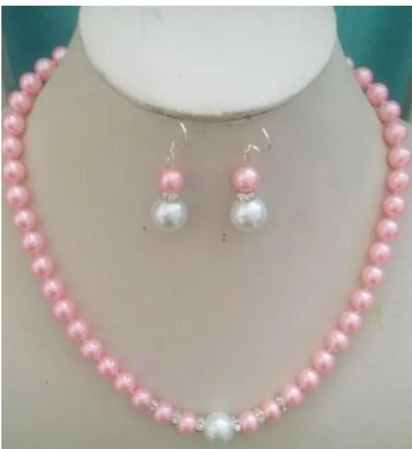 Livraison gratuite Collier de perles de perle en coque blanche rose 8 mm / 12 mm + ensembles de boucles d'oreilles