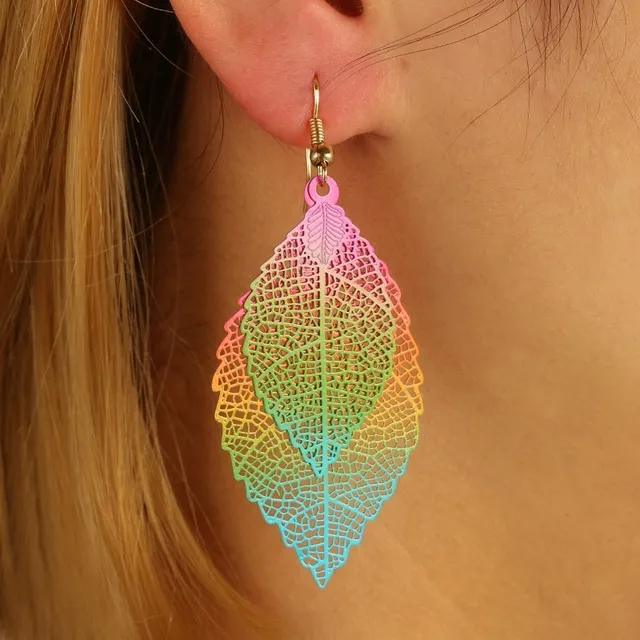 15-color bohemian ethnic double-layer leaves tassel pendant earrings Vintage color metal computer leaf pendants ladies fashion ear jewelry