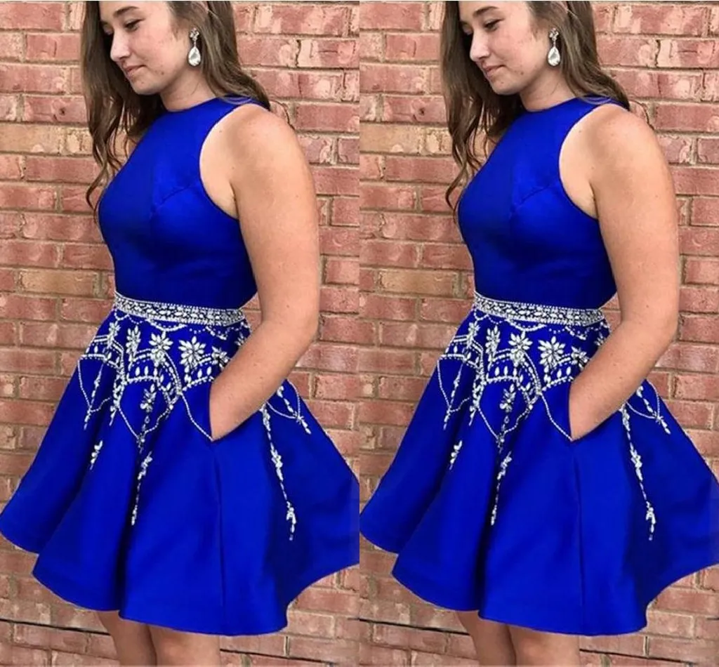 Bleu Royal Robes De Bal Courtes 2019 Ceinture Perlée Cristal Perlé Paillettes Bijou Fermeture Éclair Satin Robe De Retour Pas Cher Fête Filles Robe De Graduation