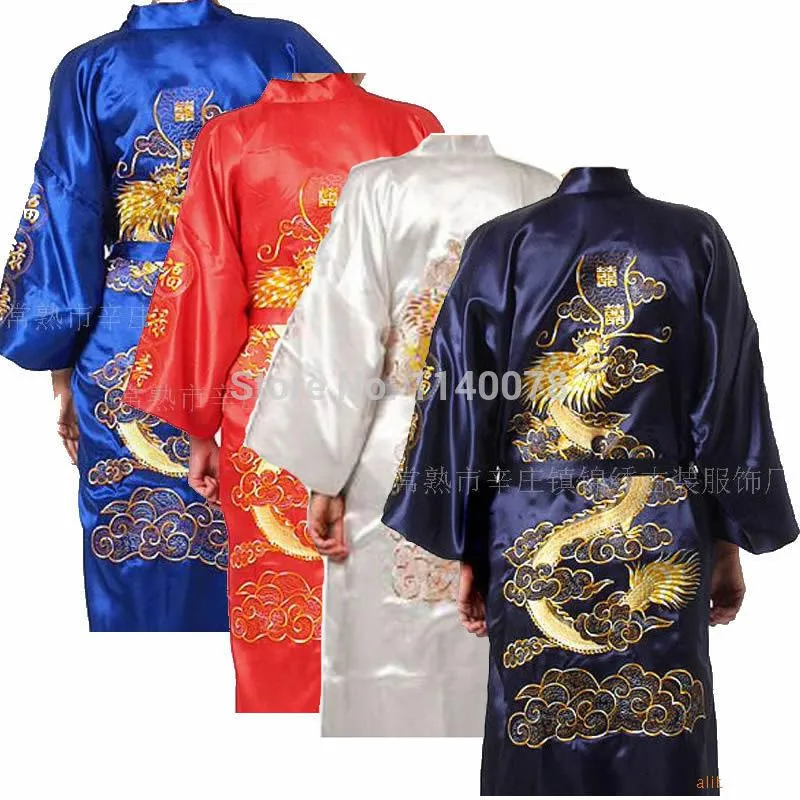 Hela kinesisk traditionell stil m L XL XXL-storlek Silk Satin Male Bathrobe Men's Dragon Embroidery Pyjama Home Night Cloth252o