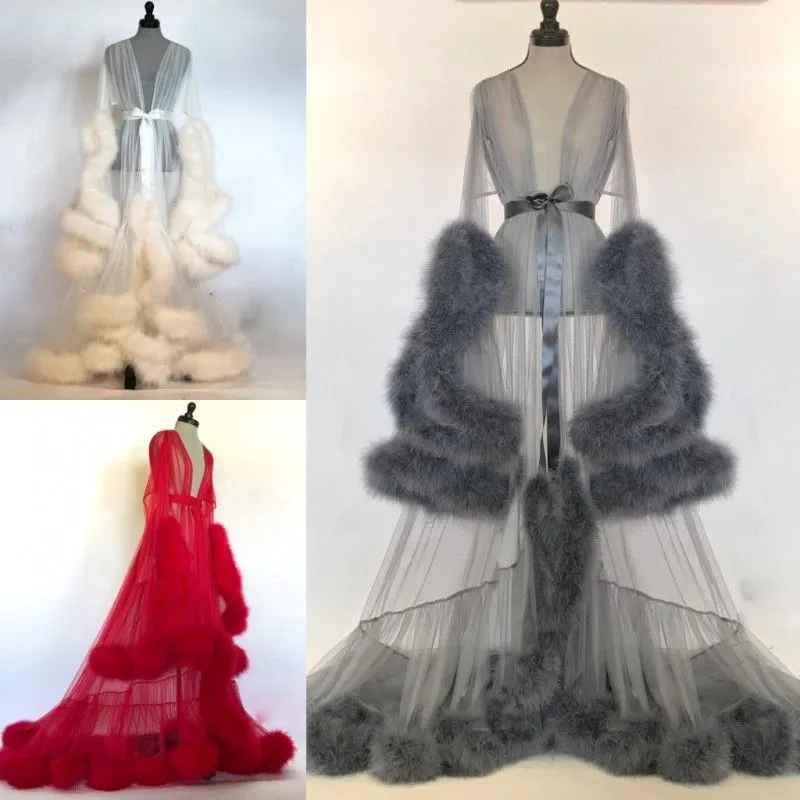 Luxury Fur Bride Sleepwear Robes Custom Made Sheer Long Sleeves Women Sexy Sleepwear Dresses Floor Length