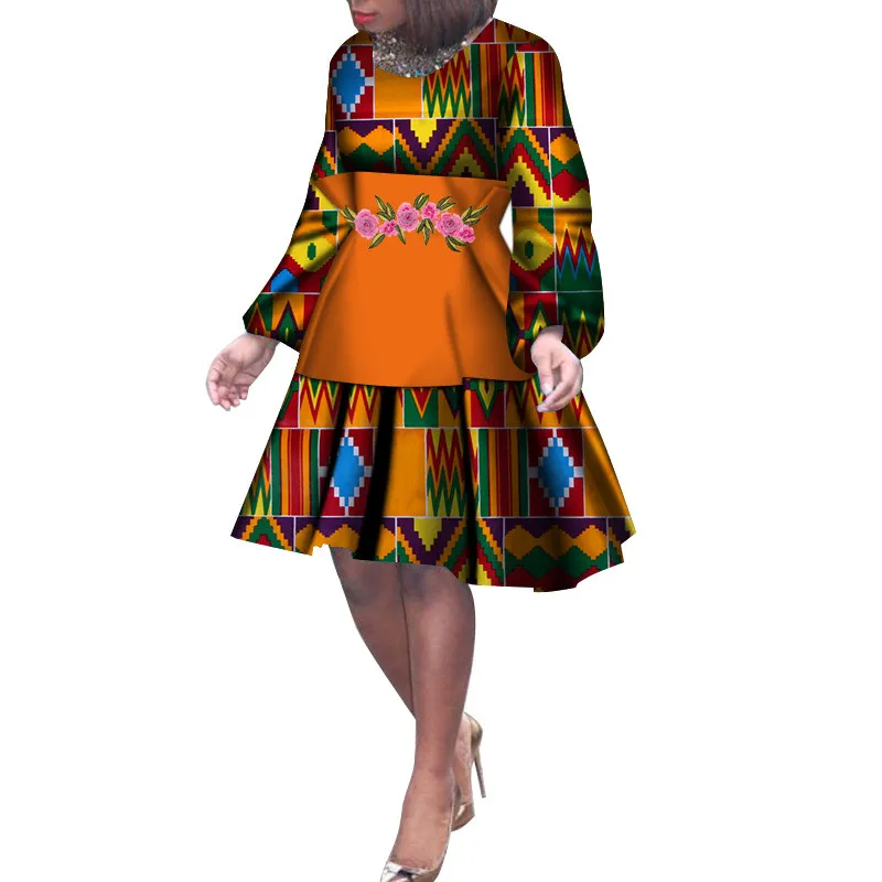 Fashion Lange Mouwen Afrikaanse Jurken Voor Vrouwen Afrikaanse Wax Print Bazin Riche Hoge Taille Jurk Lady Grote Maat Midi Jurk WY214