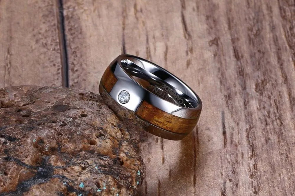 Mens Tungsten Carbide Rings Wood Grain CZ Inlay Tungsten Wedding Band Fashion Jewelry 110
