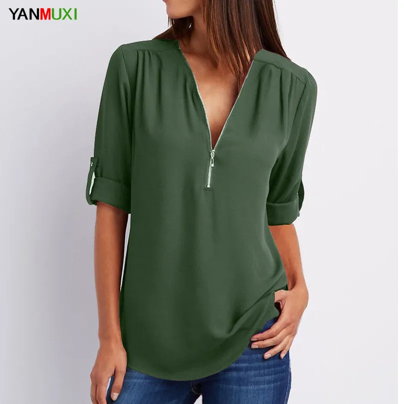Gasa Tallas grandes S 5xl Para mujer Casual Con cuello en V Cremallera T nica Tops Verano 2018 Blusas de moda para mujer Ropa de mujer Ropa Mujer