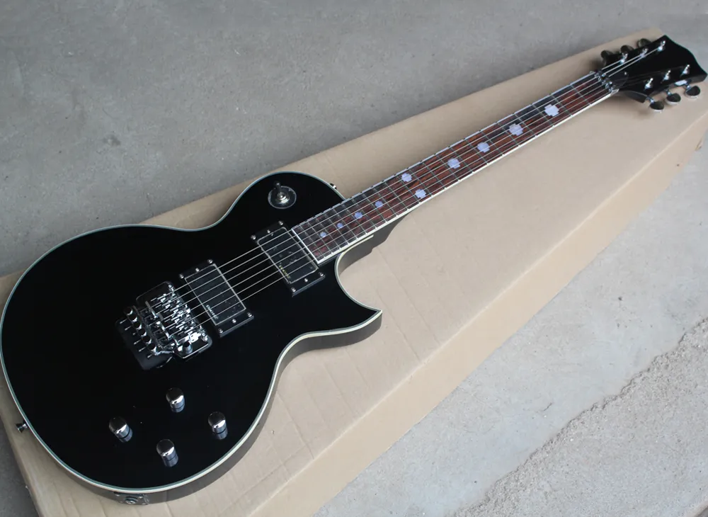 Guitare électrique noire en gros avec floyd rose, touche en palissandre avec incrustation croisée, offrant des services personnalisés