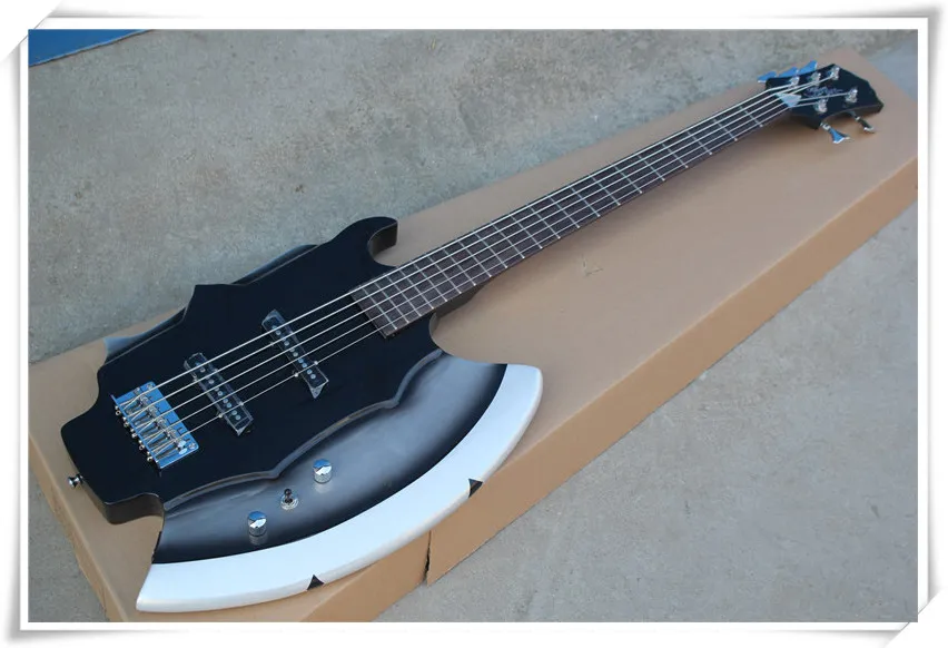 Axe Shape 5 Strings Black Body Electric Bass Guitar with Rosewood Fingerboard,2 Pickups,Chrome Hardware,Can be customized