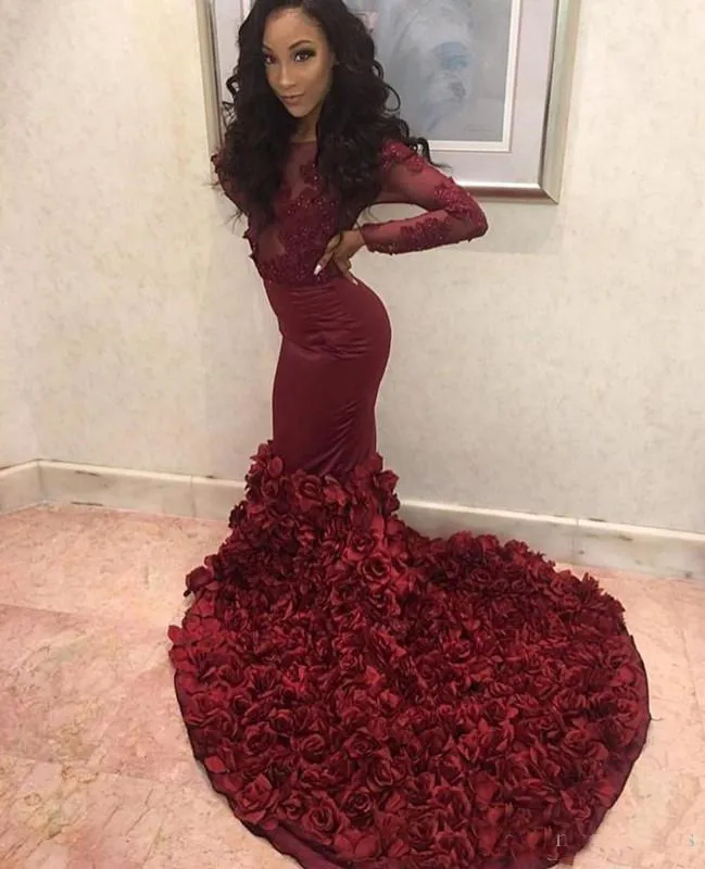 Rose Fleurs Bordeaux Robes De Bal 2019 Manches Longues Sirene Dentelle Appliques Perles Voir A Travers Les Robes De Soiree Formelles Africaines Du 136 38 DHgate
