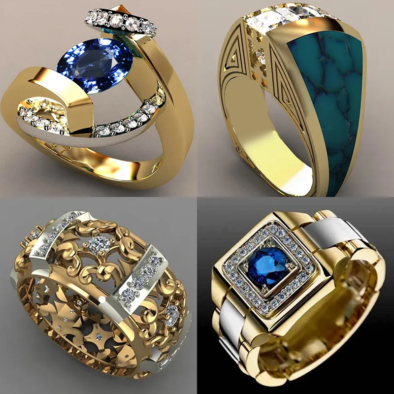 2019 Nouveau Bleu Blanc Zircon Pierre Anneau Mâle Femelle Jaune Or Bande De Mariage Bijoux Promise Bagues De Fiançailles Pour Hommes Et Femmes