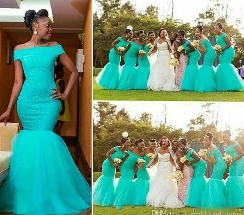 African Bateau Neck Tulle Mermaid Long Bridesmaid Dresses Lace Top Floor Length Formal Gowns Wedding Guest Maid Of Honor Dress BM0180