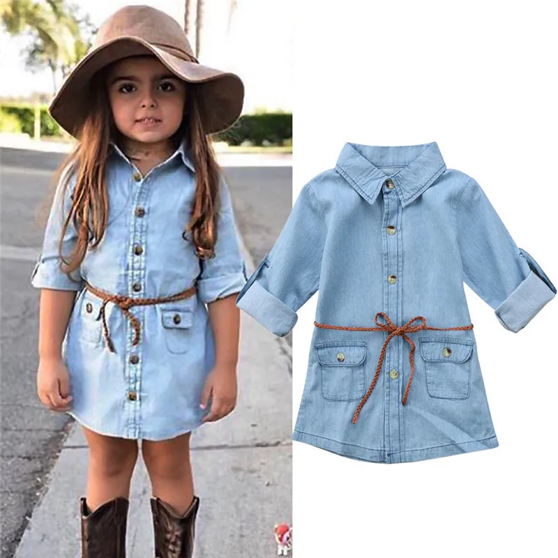 Kinder Mädchen Denim Kleidung Kleider Lose Shirt Kurzes Minikleid Jean Tasche Gürtel Nette Casual Party Mädchen Kleidung Kleid