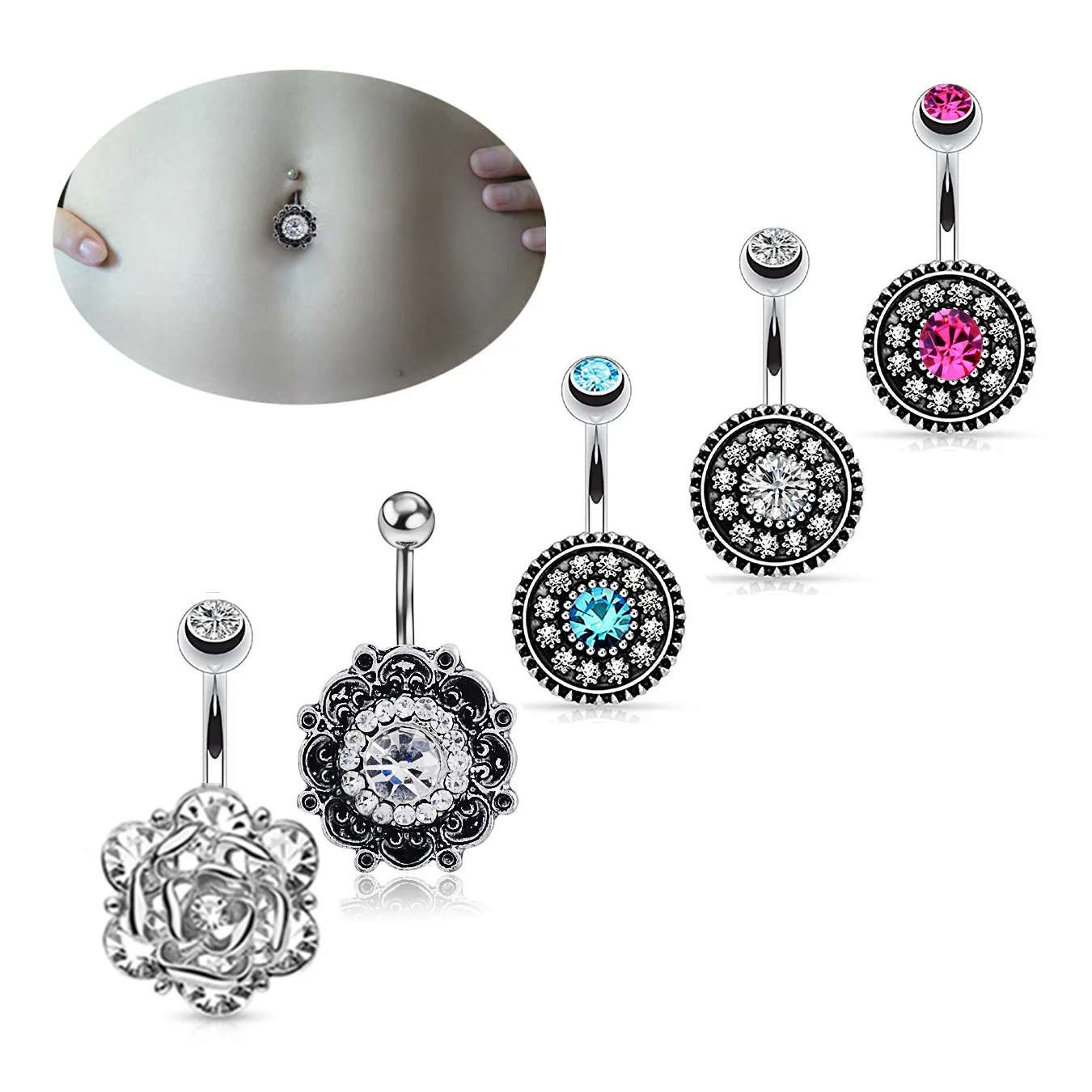 5pcs/set okrągły brzuch kryształowe biżuterię biżuterię ze stali nierdzewnej krysztonowy guziki pępa pierścienie Dangle Pierścienie dla kobiet prezent