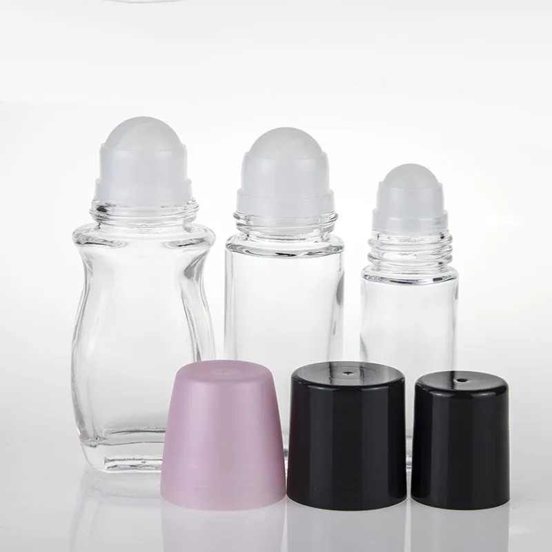 Bouteille à rouleau en verre transparent de 30ml 50ml, bouteille de parfum d'huile essentielle, bouteille distributrice de voyage, boule à rouleau en verre, bouchon PP