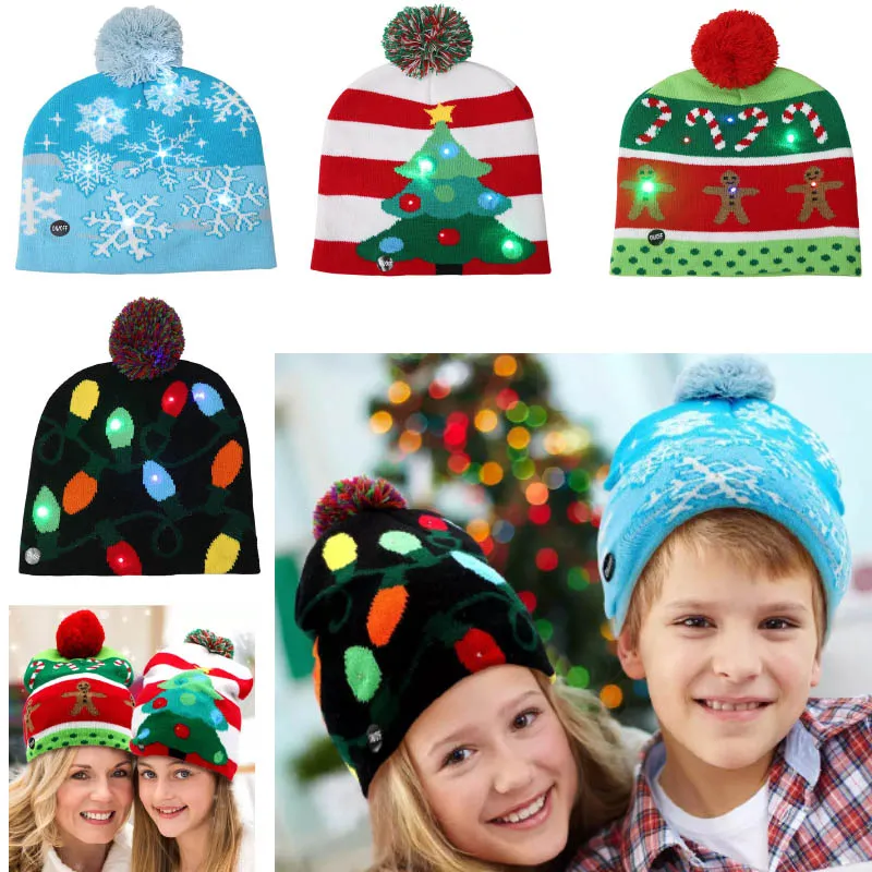 Sombrero de Navidad Led Muñeco de nieve Gorros de punto Gorro para copo de nieve Árbol de Navidad Mujeres Niños Adulto Bola de pelo caliente Iluminar Sombreros de hip-hop XD21847