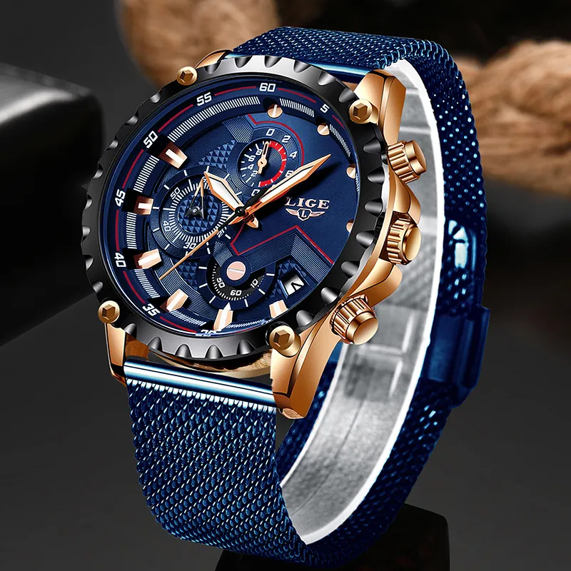 2019 New LIGE Blue Casual Mesh Belt Fashion Quartz Gold Watch Mens Watches Top Brand Luxury Waterproof Clock Relogio Masculino CJ191217