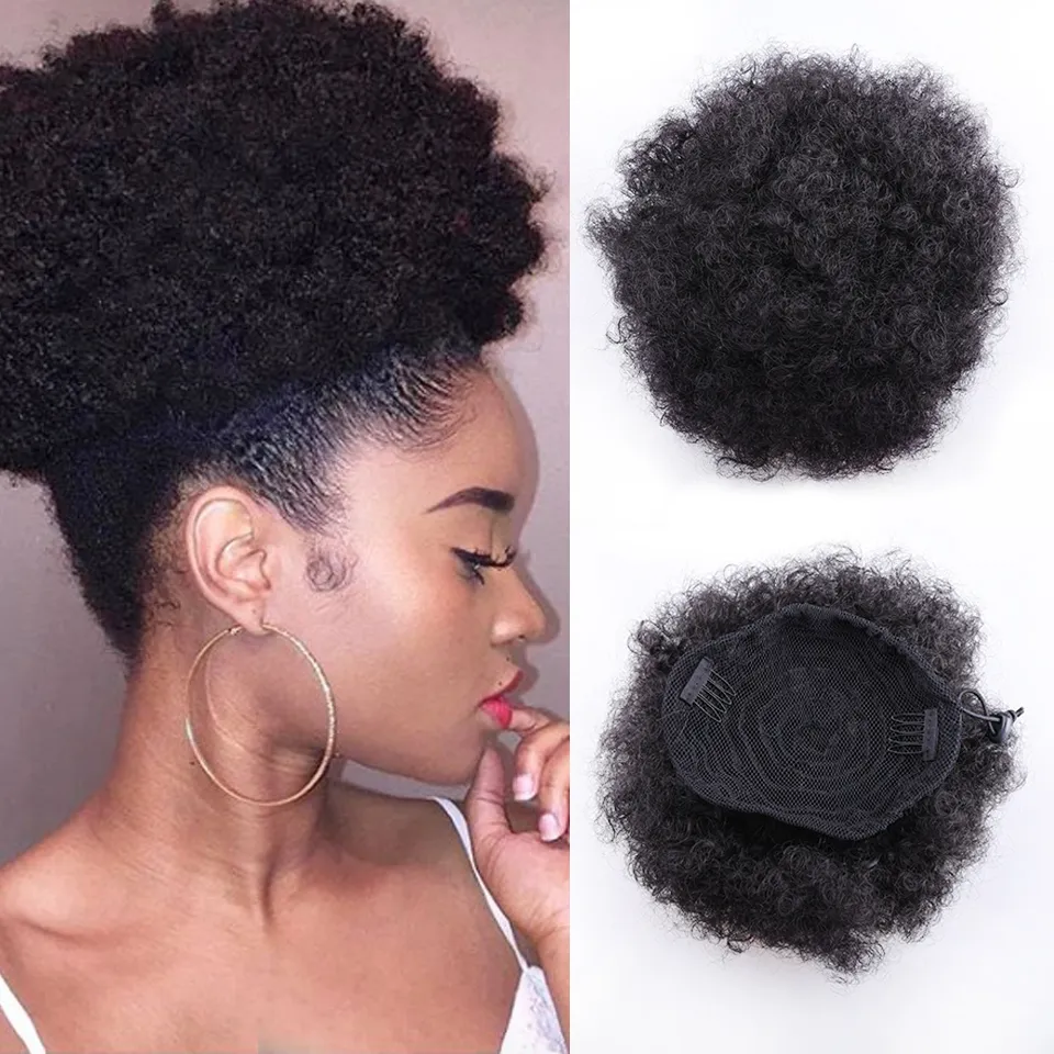 120 g hohes Afro-Pferdeschwanz-Kordelzug-Chignon-Haarteil, kurzes menschliches, verworrenes, lockiges Kunsthaar, Dutt, Hochsteckfrisur, Clip-in-Haarverlängerungen