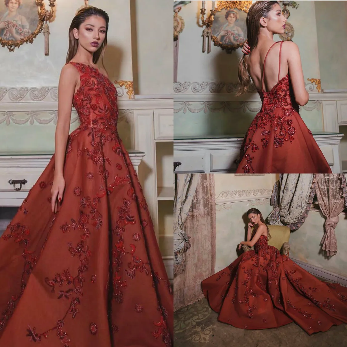 Red African Saudi Arabia A Line Prom Celebrity Dresses 2020 One Shoulder Vestidos de gala 3D Flower Appliques Evening Formal Party Gowns