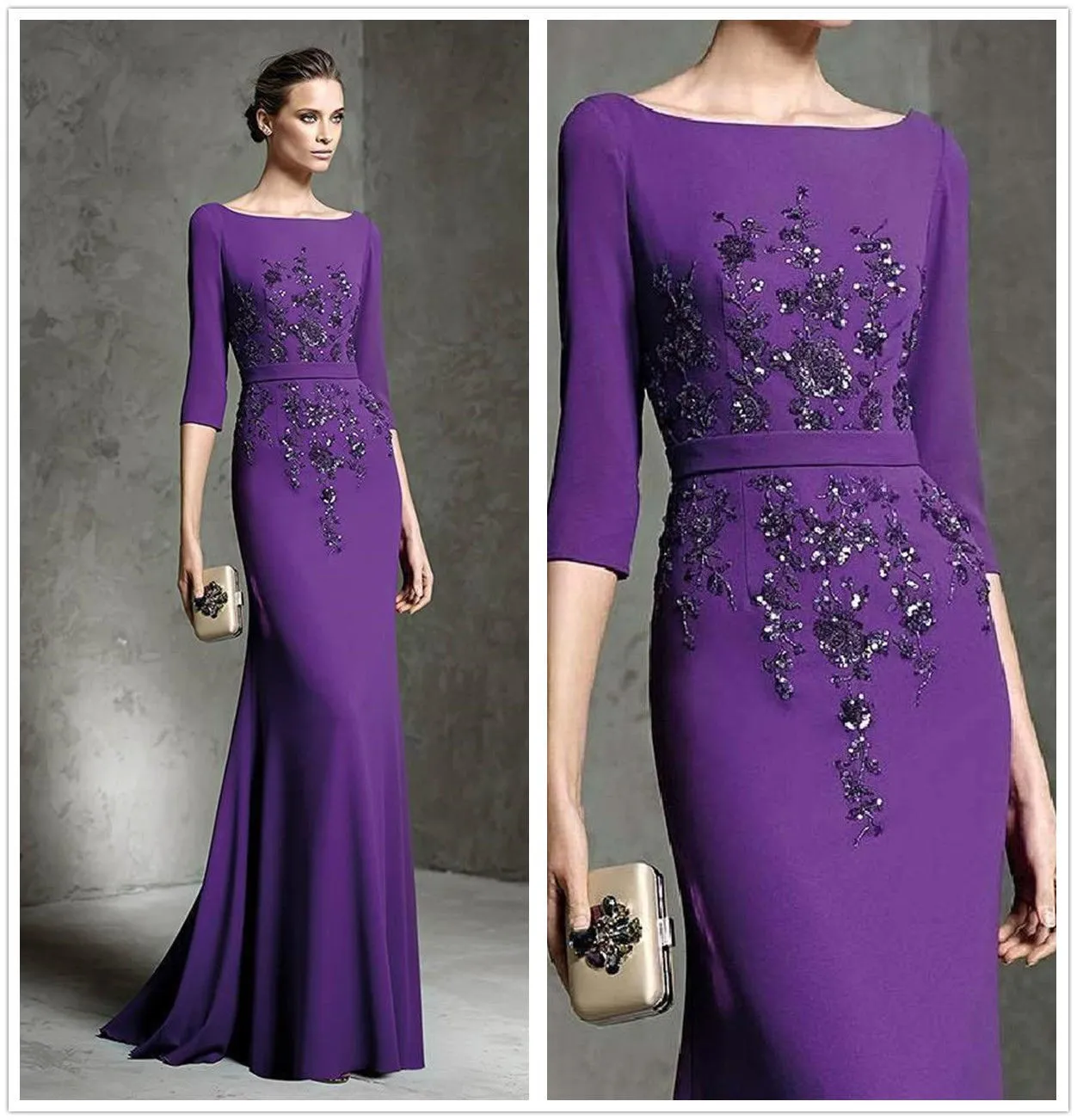 Violet 2019 Nouvelle Mère De La Mariée Robes Perlées Paillettes Appliqued 3/4 À Manches Longues Robes De Soirée Plus La Taille Robe De Mariage Invité