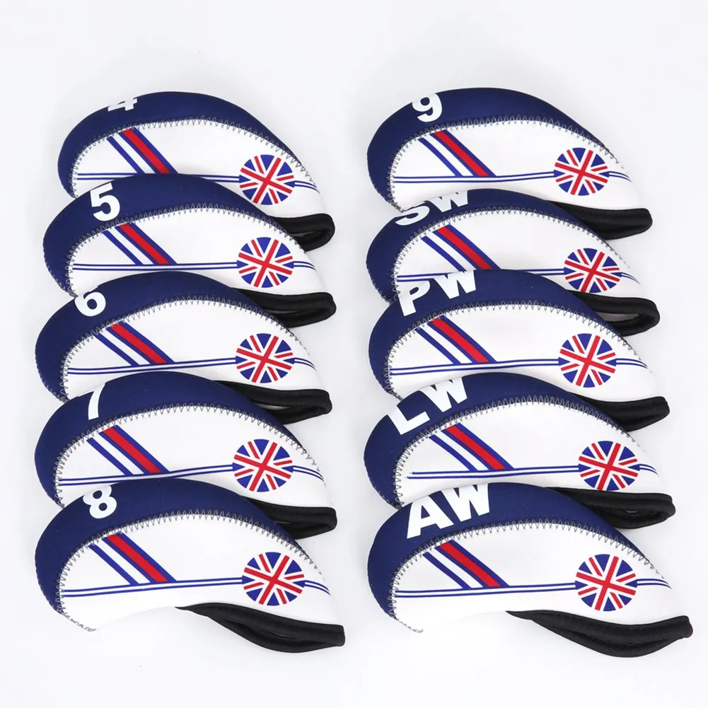 10 pièces drapeau britannique à motifs néoprène Golf Club fer couvre-chef ensemble couvre-chef étui de protection, numéro imprimé, Interchangeable