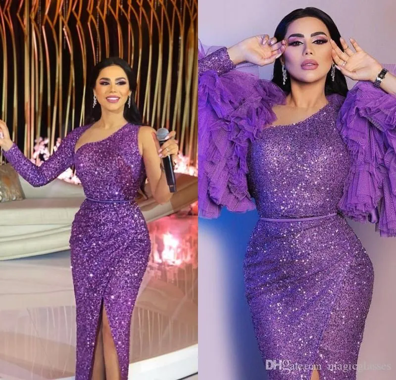 新しい素晴らしいドバイアラビアの紫色のシースウエディングドレス長い肩のフロントスプリットのイブニングドレス足首長さのカクテルパーティーガウン