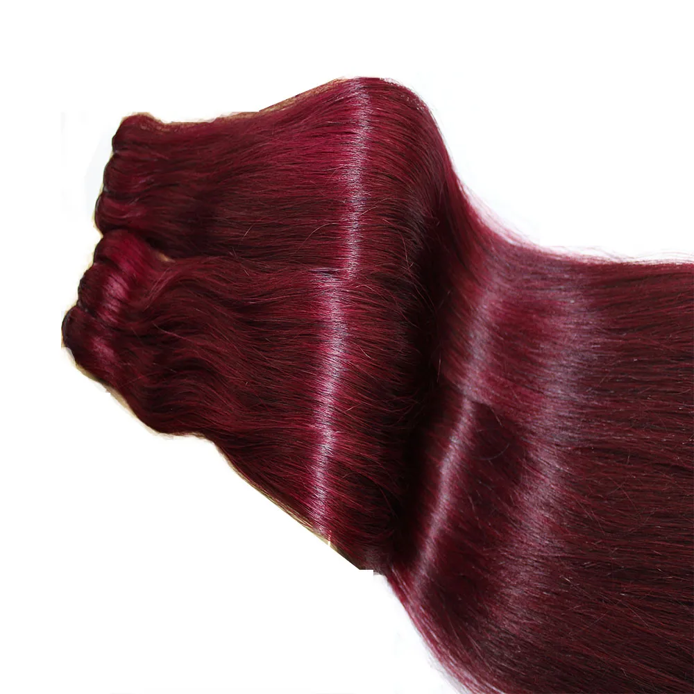 Dubbeldragen funmi hår rakt färgad mänsklig hårförlängningar brasiliansk indisk jungfru mänskligt hår vävar färg burgundy 10-26inch