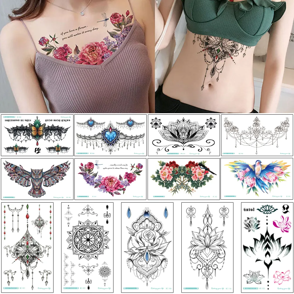 24x13.8cm BC Chest Temporary Tattoo Sticker Waist Back Breast Skeleton Design Jewelry Necklace for Women Fashion Waterproof Body Art Tattoos
