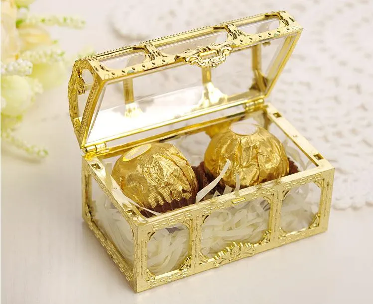 Coffre au trésor boîte à bonbons or argent Transparent en plastique boîtes de faveur de mariage boîte-cadeau de réception-cadeau pour bébé SN132