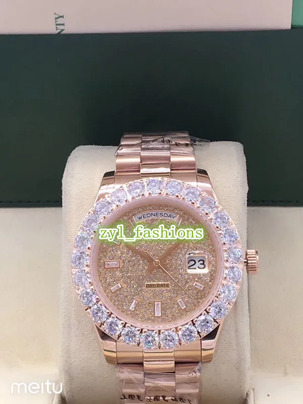 Новые мужские роскошные наручные часы Prong Set с бриллиантами из розового золота с ремешком из нержавеющей стали Часы автоматические механические часы
