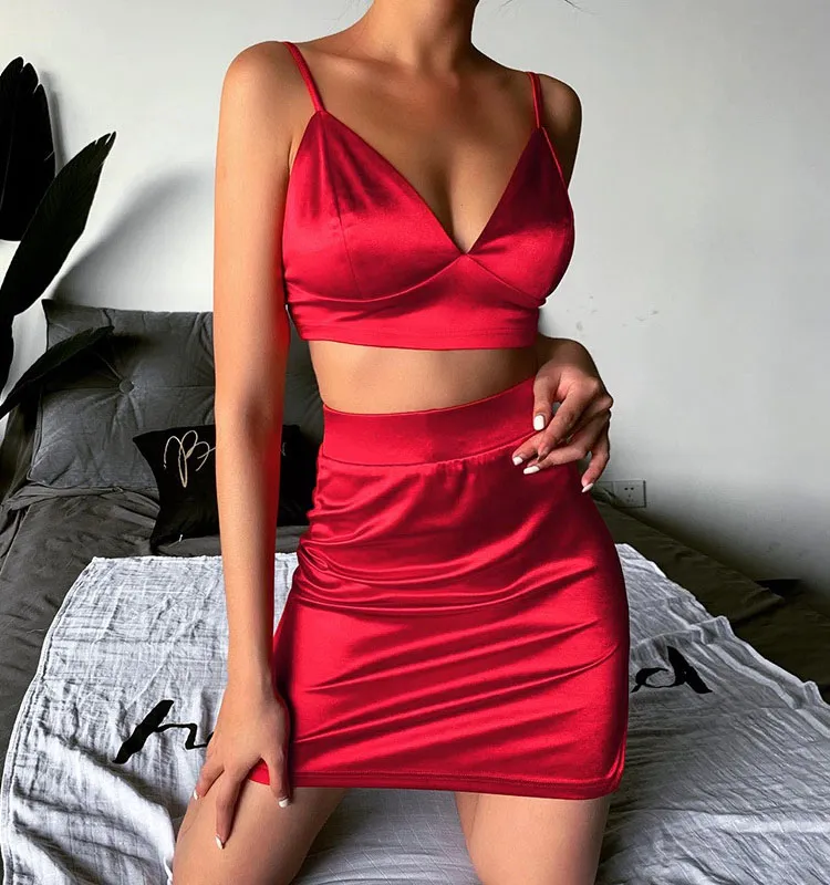 Summer Women Two Pieces Sexy Satin Top And Mini Skirts High Waist Mini Pencil Dresses Suit For Ladies sexy Casual Dresses set