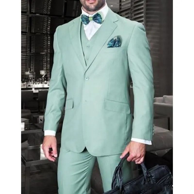 Excelente verde novio esmoquin muesca solapa padrinos de boda para hombre vestido de boda hombre chaqueta Blazer traje de negocios (chaqueta + Pantalones + chaleco + corbata) 1679