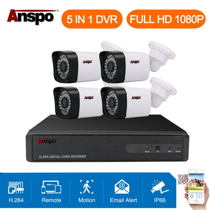 Anspo 4CH 1080P CCTV-Überwachungskamera-System 5 in 1 DVR IR-Schnitt Home Surveillance Wasserdichte Outdoor Weiße Farbe