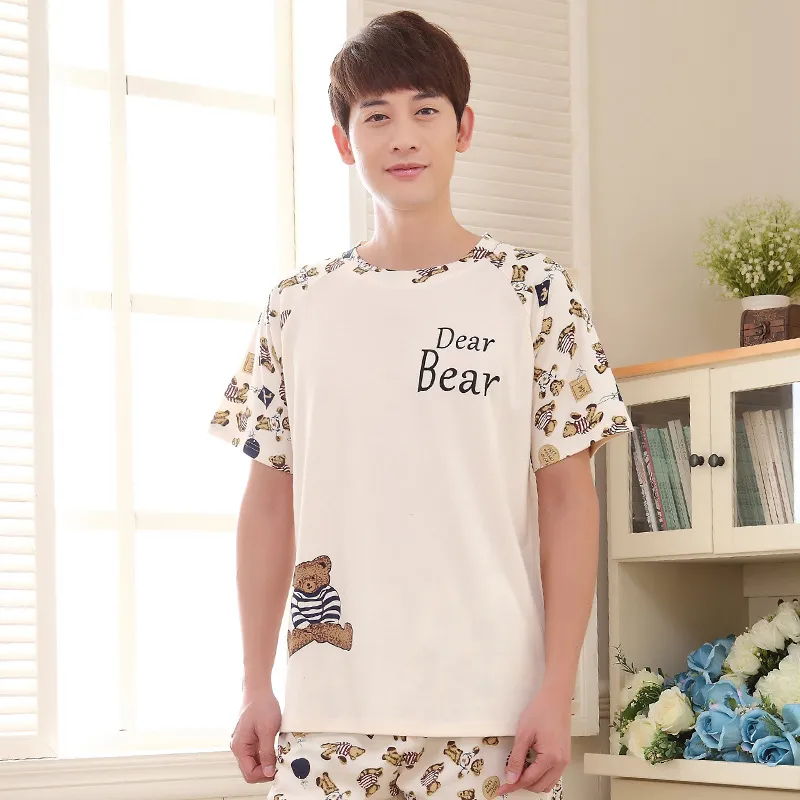 Mężczyźni Lato Nowy Śliczny Koreański 2019 Bawełna Krótki Rękaw Spodenki Męskie Młodzież XL Piżama Piżama Zestawy Męskie Piżama Ustaw Mężczyźni Zieszni