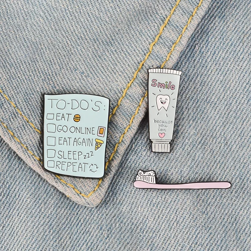Toothbrush Toothpaste Enamel Pins TO DO List Badges Custom Brooches Pastel Lapel pin Denim Shirt Cartoon Cute Smile Jewelry Gift