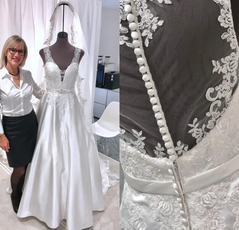 2020 A Line Bröllopsklänningar Applique Pearls Beading Bröllopsklänningar Golvlängd Satin Bribal Gowns Vestidos de Novia