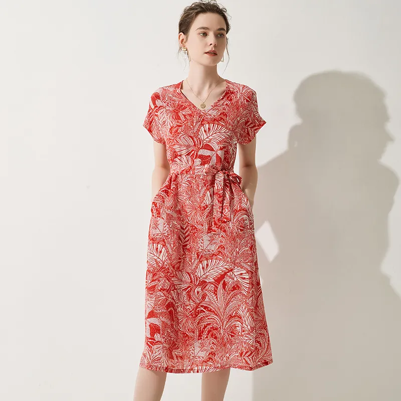 2019 Wholesale Fashion Women 100% Silk Red Causal Dresses Half Sleeves ...
