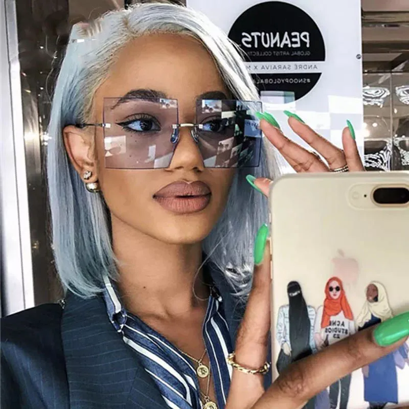 Quadratische Sonnenbrille Frauen 2019 Neue Übergroße Randlose Luxus Mode Flache Top Rot Blau Klare Linse Einteilige Männer Gläser