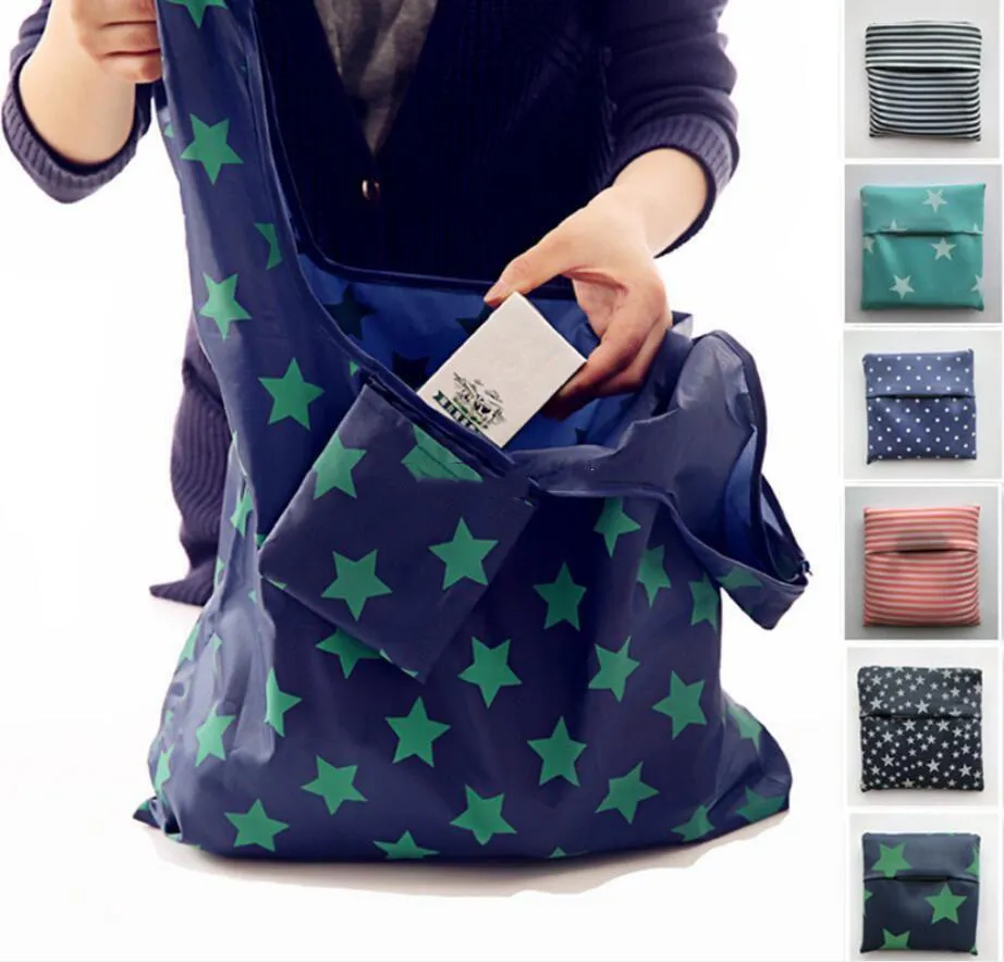 6styles bolsas de compras reutilizáveis ​​dobráveis ​​Sacos de armazenamento de Eco Sacos Star Stripe Dot Impresso Shopping Bolsa 53 * 35cm 120 pcs