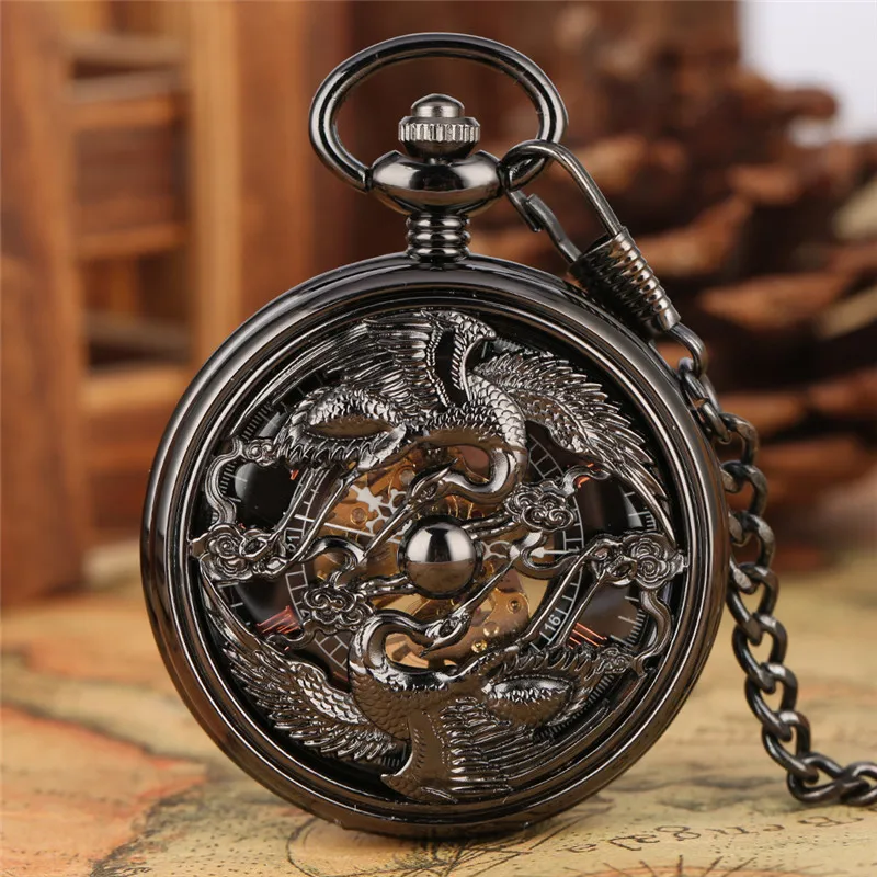 Antique Classique Noir Évider Grues Montres Remontage Manuel Mécanique Montre De Poche Squelette Doré Numéro Romain Cadran Horloge Pendentif Chaîne G