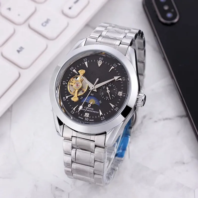 新しいトップブランドメンズウォッチ高品質の大型フライホイール機械ムーブメント腕時計高級ファッションムーンフェーズメンスチールベルトWAT27C