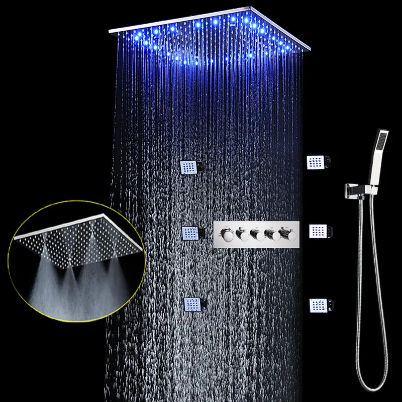 Bathroom Thermostatic Shower Faucets Set Ceiling Rainfall Shower System Modern RGB LED light Rain Showerhead panel With Massage body jets