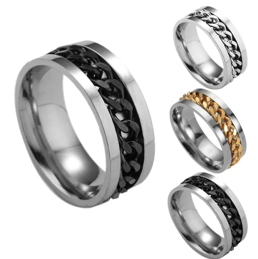 Punk Rock Men Spinner Ring Titanium Stainless Steel Gold Black Chain Rotable Rings For Women Accessories Size 6-12 Free Shipping