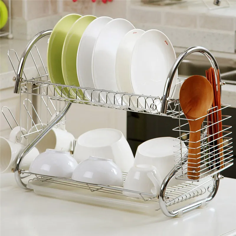 DIY S-Shaped Dish Rack Set 2-Tier Plated Iron Plate Dish Cutlery Cup Rack With Tray Drainage Bowl Rack Kitchen Shelf