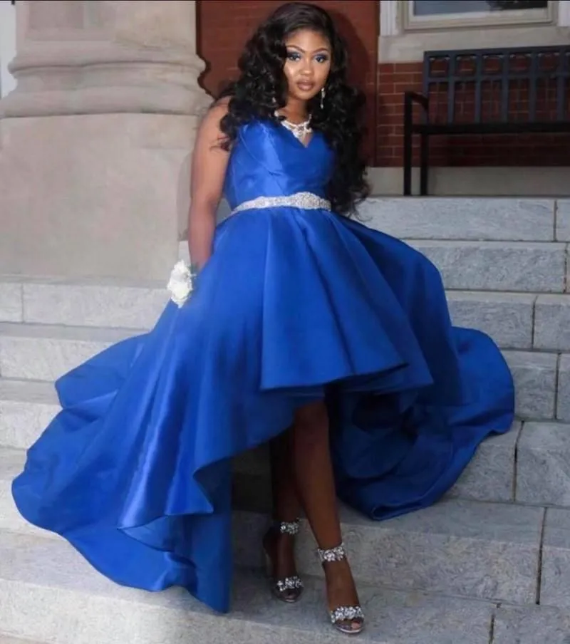 Short Front Long Back Prom Dresses Royal Blue High Low Party Gowns V Neck Black Girls Satin