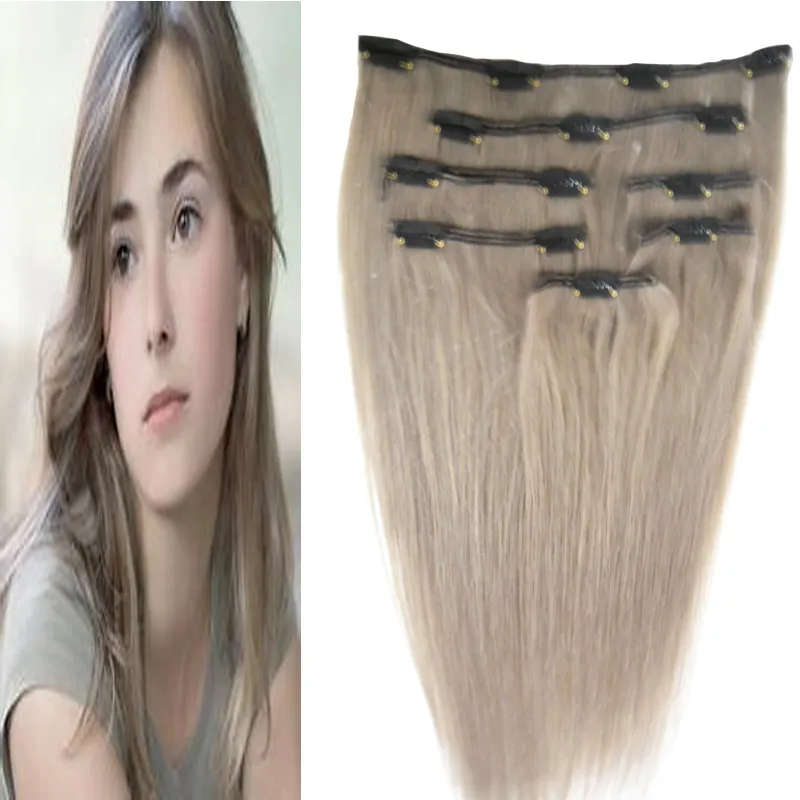 Gråklipp i hårförlängningar Grade 7a Obehandlat brasilianskt Virgin Hair 100g Silver Grå Clip In Human Hair Extensions Rak 18 "20" 22 "